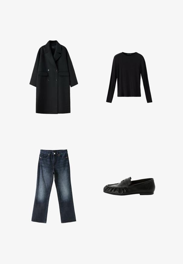 Manteau en laine noir à double boutonnage avec larges revers, deux poches avant à rabat et manches longues, présenté à plat sur fond blanc.; T-shirt noir uni à manches longues avec col rond, design simple et ajusté sur fond blanc.; Jean en denim bleu foncé à jambes droites avec poches avant, passants de ceinture et fermeture par bouton, présenté sur fond blanc uni.; Mocassin penny en cuir noir avec bout arrondi, talon bas et détail de couture froncée le long du bord avant.