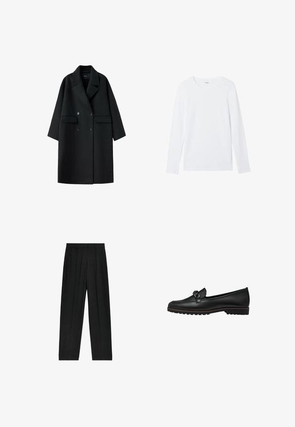 Abrigo negro de lana cruzado con solapas anchas, dos bolsillos delanteros con solapa y mangas largas, mostrado extendido sobre un fondo blanco.; Camisa blanca de manga larga hecha de algodón suave, con un escote redondo y sin patrones ni adornos. Diseño clásico y minimalista.; Pantalones negros de talle alto con un diseño de pierna recta, con pliegues y bolsillos laterales, confeccionados en una tela ligera.; Mocasines de cuero negro con un acento trenzado en la parte delantera, suela de goma plana y detalles de costura a lo largo del borde.
