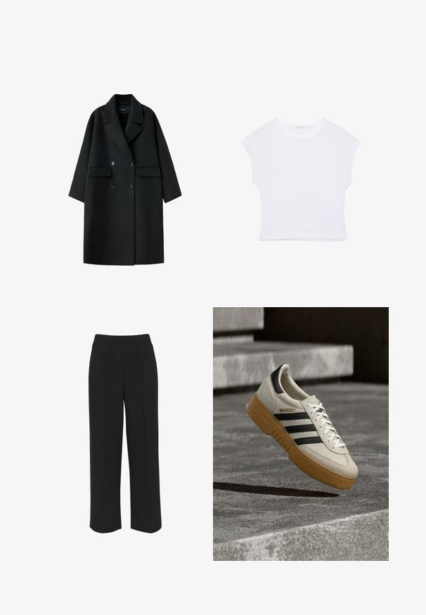 Manteau en laine noir à double boutonnage avec larges revers, deux poches avant à rabat et manches longues, présenté à plat sur fond blanc.; T-shirt court blanc à manches courtes avec col rond, en tissu lisse, posé à plat sur un fond blanc.; Pantalons larges noirs avec une taille plate, comportant des plis à l'avant et une texture lisse. Pas de poches ni de matériel visible.; Baskets en daim beige avec des rayures noires, des lacets blancs et une semelle en caoutchouc gomme. Présente un logo "SPEZIAL" sur le côté.