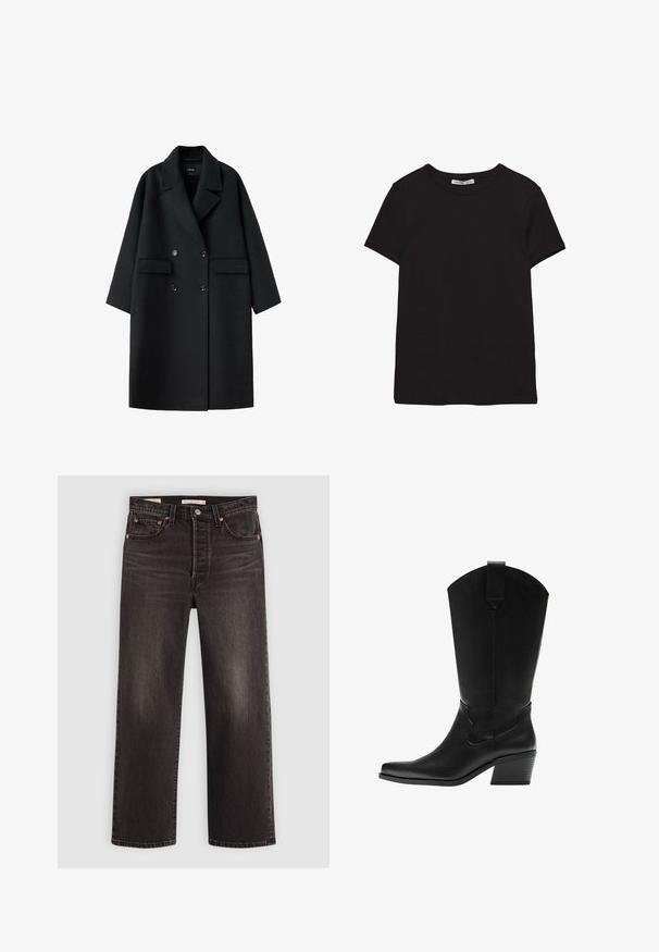 Manteau en laine noir à double boutonnage avec larges revers, deux poches avant à rabat et manches longues, présenté à plat sur fond blanc.; T-shirt noir en coton à manches courtes avec encolure ronde, coupe standard et étiquette intérieure visible au niveau du col.; Jeans en denim noir avec une coupe droite. Comprend des rivets en cuivre et des poches. Texture lisse et finition légèrement décolorée.; Botte western en cuir noir mi-mollet avec bout pointu et talon bloc superposé, avec languette de tirage et coutures décoratives discrètes.
