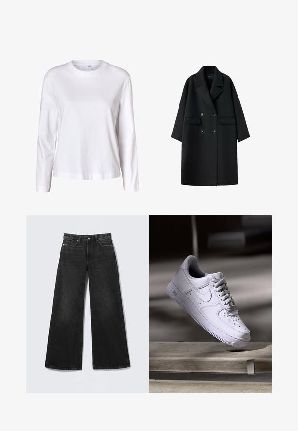 Abrigo negro de lana cruzado con solapas anchas, dos bolsillos delanteros con solapa y mangas largas, mostrado extendido sobre un fondo blanco.; Camisa blanca lisa de mujer con mangas largas, cuello redondo, bajo recto y sin patrones ni logos visibles.; Vaqueros negros de pierna ancha con cinco bolsillos y cierre de botón, mostrados planos sobre un fondo claro.; Zapatilla Nike Air Force 1 blanca levitando sobre una superficie de hormigón con sombras en un entorno minimalista.