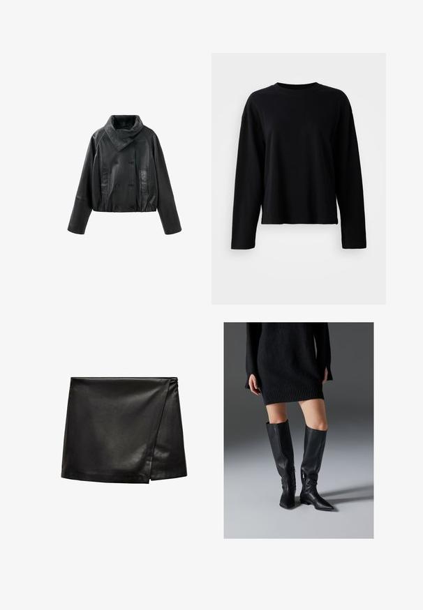 Sort afkortet læderjakke med dobbeltradede knapper, to forlommer, lange ærmer og en bred, foldet krave.; Sort langærmet t-shirt lavet af et blødt, let stof med rund hals og en afslappet pasform med minimale sømdetaljer.; Sort læder mini-skjørt med en omslagsdesign, glat tekstur og en subtil glans. Har en sideslids for ekstra detaljer.; Sorte læderstøvler over knæet med spidse tæer, flade såler og lynlåse i siden. Glat tekstur, elegant design uden pynt.