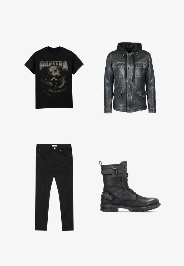 Freaky Nation COOL WAY - Chaqueta de cuero - used black; Camiseta negra de algodón con un gráfico desgastado de un cráneo y una serpiente, con la palabra "PANTERA" en letras grandes y envejecidas.; Jeans slim fit negros con parches desgastados sutiles, botón de metal, bolsillos delanteros y una etiqueta de Pier One en la cinturilla.; Kazar HEARD - Botines camperos - black