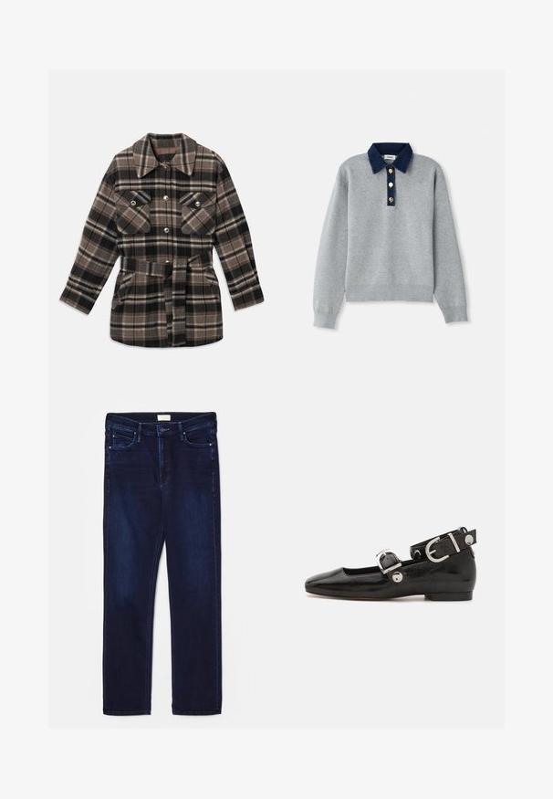 Chaqueta de camisa a cuadros en tonos marrones, negros y beige. Presenta un cuello con solapa, dos bolsillos en el pecho, una cinturilla con correa y botones a presión.; Sudadera gris con un cuello de mezclilla azul oscuro, tres botones dorados y puños acanalados. Textura suave con un diseño casual.; Jeans de mezclilla azul oscuro con un corte ajustado, diseño de cinco bolsillos, detalles de costura y corte recto. Cuenta con un cierre de botón y cremallera.; Zapato plano de charol negro con punta cuadrada, correa de tobillo con herrajes de plata y suela plana. Textura suave con diseño minimalista.
