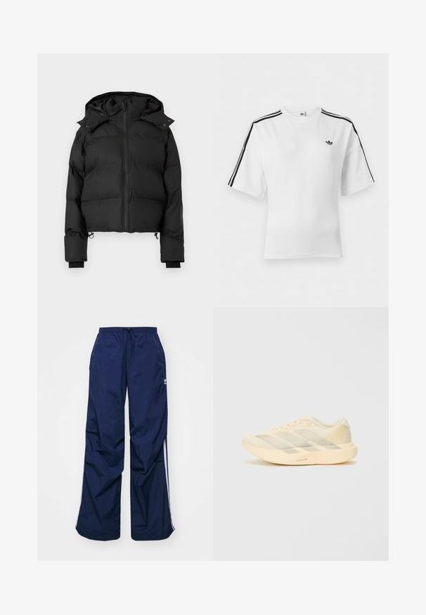 Zwarte gewatteerde winterjas met capuchon, voorzijde met rits en verstelbare trekkoorden aan de onderkant, gepresenteerd op een effen witte achtergrond.; Wit Adidas T-shirt met korte mouwen, zwarte drie-strepen-details op de schouders en het Adidas trefoil-logo op de linkerborst.; Navyblauwe, lichtgewicht broek met elastische taille en trekkoord, voorzien van witte zijstrepen en een klein logo aan de voorkant. Losse pasvorm.; Lichtgewicht hardloopschoen in lichtgeel en roomwit, met een gestructureerde mesh bovenzijde, drie diagonale strepen en een dikke buitenzool met "LIGHTSTRIKE PRO" detail.