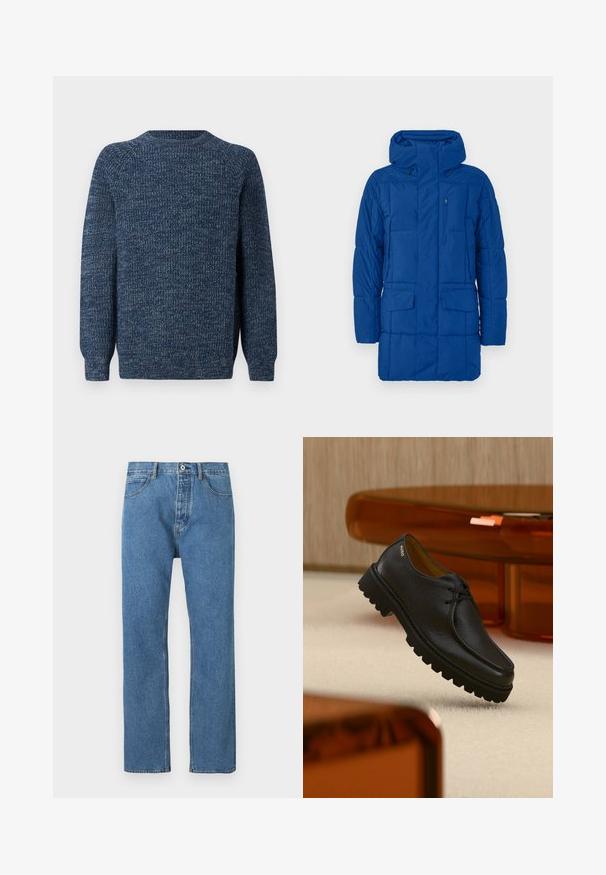 Blauer gepolsterter Parka mit hohem Kragen, Reißverschluss vorne und mehreren Taschen. Verfügt über eine Kapuze und eine gesteppten Textur für Wärme und Komfort.; Barbour HORSEFORD - Strickpullover - mallard green; Hellblaue Jeans aus Denim mit geradem Schnitt, fünf Taschen, Knopfverschluss und dezenten Steppnähten entlang der Nähte.; Schwarzer, strukturierter Leder-Schnürschuh mit dicker, profilierter Sohle, mit dem Markenschriftzug "HUGO" nahe der Ferse, präsentiert vor einem beigen Teppich und bernsteinfarbenen Möbeln.