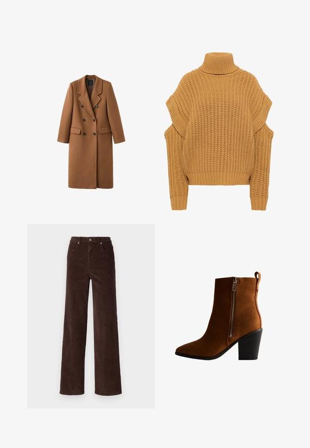 Brun uld-blend frakke med dobbeltknaplukning, klapkraver og to sidelommer. Har sorte knapper og en knælængde.; Sennepsfarvet strikket sweater med højt rullekrave, oversized pasform, ribbede manchetter og sænkede skuldre, prydet med et tekstureret chunky mønster.; Vero Moda VMTESSA WIDE PANTS - Bukser - chocolate torte; Brune ruskind ankelstøvle med spids tå, lynlås i siden og en struktureret sort hæl. Rette linjer og en strømlinet silhuet definerer designet.