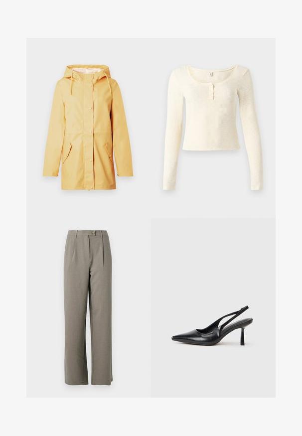 Impermeable amarillo con capucha, botones de presión frontales y dos bolsillos con solapa, diseñado para uso al aire libre.; Top de punto acanalado de manga larga en color crema claro; presenta un escote redondo y una tapeta de tres botones. Textura suave y diseño ajustado.; Pantalones de pierna ancha gris claro con una textura suave, que cuentan con pliegues frontales, cierre de botón y dos bolsillos laterales.; Zapato de tacón alto negro de cuero con puntera afilada y tacón delgado sobre un fondo blanco.