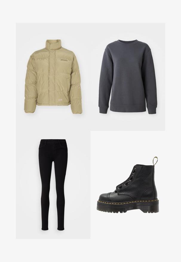 Doudoune khaki avec un col montant, des poignets élastiques et un motif matelassé horizontal. Présente le logo "Dickies" sur le devant.; Sweatshirt gris en tissu texturé, avec un col ras du cou, des manches longues, et des poignets et un ourlet côtelés, offrant une coupe décontractée.; Pantalons slim fit noirs avec fermeture à bouton, passants de ceinture et poches avant, présentés sur un fond clair et uni.; Bottines en cuir noir avec surface texturée, bout arrondi, lacets, coutures jaunes et une épaisse semelle noire crantée.