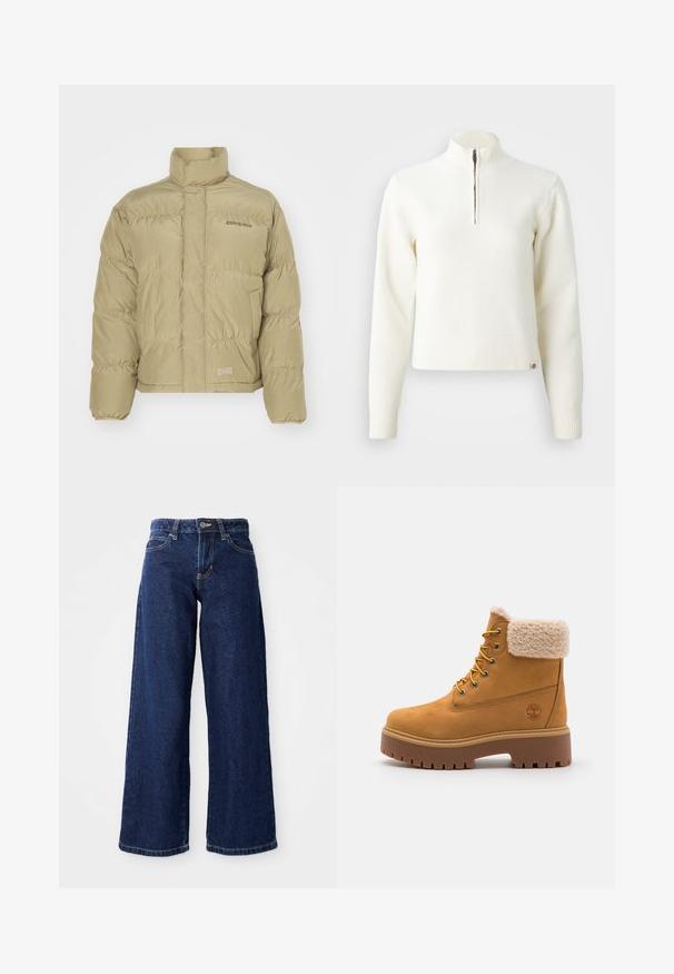 Khaki Steppjacke mit hohem Kragen, elastischen Bündchen und horizontalem Steppmuster. Verfügt über das "Dickies"-Logo auf der Vorderseite.; Weißer Sweater mit Reißverschluss am Hals und langen Ärmeln. Aus weichem Strickmaterial gefertigt, mit gerippten Bündchen und Saum. Dezentes Markenlogo am Saum.; Dunkelblaue weit geschnittene Jeans aus Denim, mit einem Knopf- und Reißverschluss, Gürtelschlaufen und klassischem Fünf-Taschen-Design.; Beige Wildlederstiefel mit einem Kunstfellkragen, goldenen Ösen und einer kontrastierenden Gummisohle. Mit einem Logo an der Seite und strukturiertem Profil.