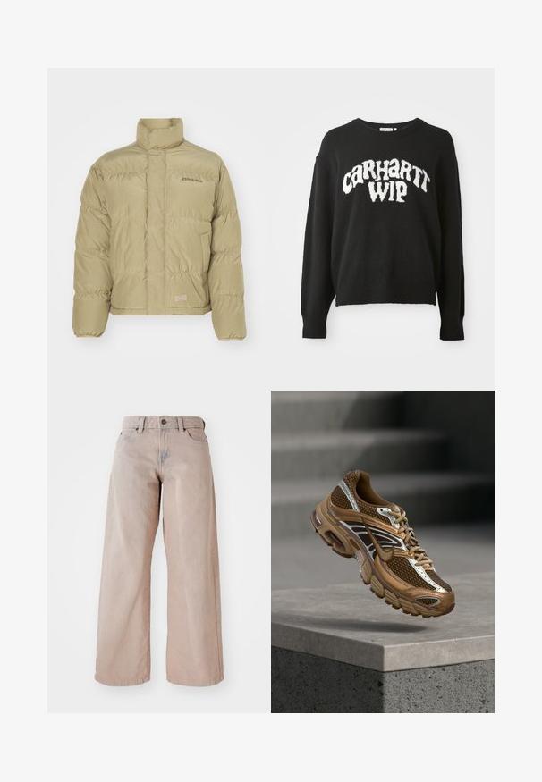 Khaki pufferjack met hoge kraag, elastische manchetten en een horizontaal gestikt patroon. Heeft het "Dickies" logo op de voorkant.; Zwarte gebreide trui met een ontspannen pasvorm, ronde halslijn en witte "CARHARTT WIP" logo op de voorkant. Zachte textuur, lange mouwen.; Beige wijde jeans met een hoge taille, vijf-pocket ontwerp en knoopsluiting. De stof heeft een zachte textuur en een lichte vervaging aan de voorkant.; Bruine en beige Nike-sneaker met mesh en reflecterende details die boven een betonnen richel zweeft tegen een wazige grijze achtergrond.