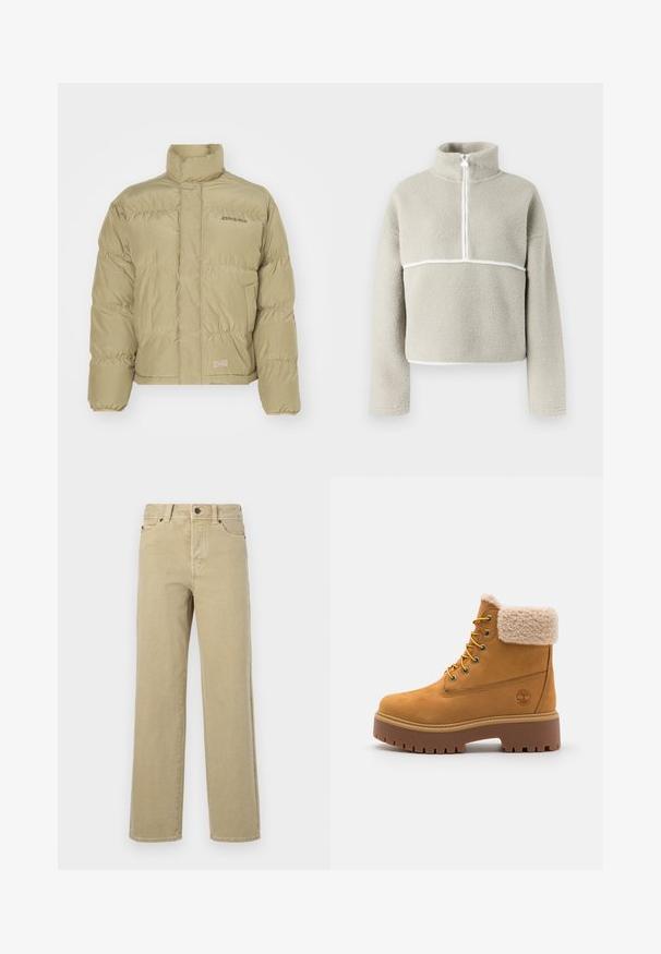 Khaki pufferjack met hoge kraag, elastische manchetten en een horizontaal gestikt patroon. Heeft het "Dickies" logo op de voorkant.; Lichtgrijze fleece trui met een hoge kraag, kwart rits en witte bies over de borst en mouwen; zachte textuur, losse pasvorm.; Beige wijde jeans van zachte katoen met een klassieke vijfzakkenontwerp, knoopsluiting en zichtbare stiksels langs de naden en zoom.; Tan suède laars met een nepbont kraag, gouden oogjes en een contrasterende rubberen zool. Voorzien van een logo op de zijkant en een gestructureerde loopvlak.