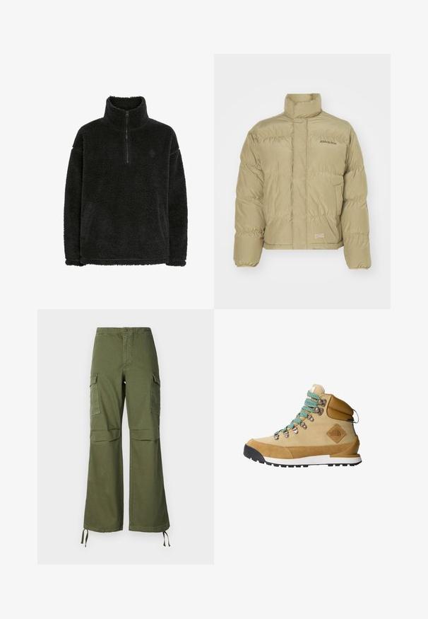 Khaki pufferjakke med høj krave, elastiske manchetter og horisontalt quiltet mønster. Har "Dickies" logoet på forsiden.; Sort fleece pullover med en lynlås krave, blød, struktureret overflade og en afslappet pasform. Har syninger langs kanten og ærmerne.; Olivengrønne cargo-buksen i bomuld med bred ben-design, to sidelommer og justerbare snore ved kanten.; Tan vandrestøvle med overdel i ruskind og kanvas, turkise snørebånd, polstret krave og sort gummisål med et struktureret grebmønster.