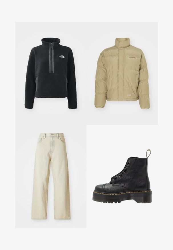 Khaki puffer-jakk, millel on kõrge krae, elastsed mansetid ja horisontaalne tikandimuster. Ees on "Dickies" logo.; Mustast fliisist pullover kõrge krae, kvartstõmblukuga, ees tasku ja kontrastse õmblusega. Piiril on The North Facei logo rinnal.; Laia teksaarid heledas beežis, ees taskutega, kõrge vöökohaga ning peente õmbluste detailidega. Valmistatud tekstureeritud teksariidest.; Mustad musta nahast ankle botased tekstureeritud pinnaga, ümar nina, paeltega disain, kollased õmblused ja paks, soonikuline must platvormsool.