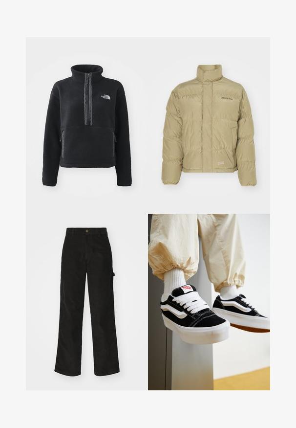 Doudoune khaki avec un col montant, des poignets élastiques et un motif matelassé horizontal. Présente le logo "Dickies" sur le devant.; Polaire noire à col montant, fermeture éclair au quart, poche avant et coutures contrastantes. Dispose du logo The North Face sur la poitrine.; Pantalon en velours côtelé noir avec une coupe droite, doté d'une fermeture à bouton et de poches latérales. Texture lisse avec de fines rayures verticales.; Personne portant des baskets Vans noires et blanches avec des lacets blancs, des chaussettes blanches et un pantalon beige avec des poignets élastiques.