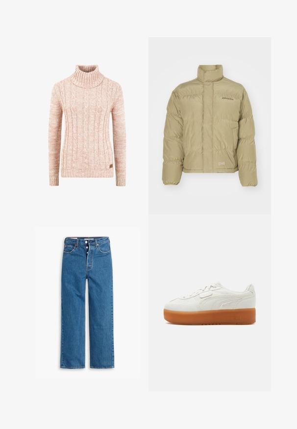 Doudoune khaki avec un col montant, des poignets élastiques et un motif matelassé horizontal. Présente le logo "Dickies" sur le devant.; Pull en col roulé tricoté en doux pêche avec un motif en relief de câble, des manches longues et une étiquette de marque tissée sur l'ourlet.; Jeans en denim bleu à jambe droite avec une taille haute, design à cinq poches et zip à bouton. Couture visible et rivets en ton cuivre.; Baskets basses blanches avec semelle épaisse en caoutchouc marron, détail coutures sur les côtés et fermeture à lacets avec petite bride en Velcro.