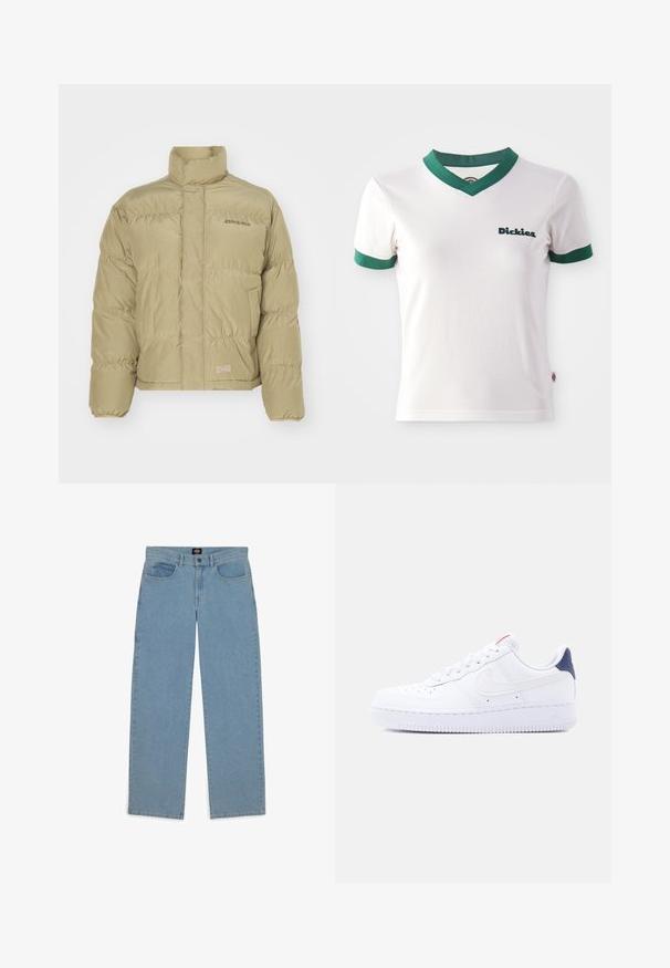 Khaki pufferjakke med høj krave, elastiske manchetter og horisontalt quiltet mønster. Har "Dickies" logoet på forsiden.; Hvid kortærmet t-shirt med grøn V-hals og ærmekanter; har "Dickies" logo i mørkegrøn på venstre bryst. Glat bomuldsstruktur.; Lysblå jeans, løs pasform, denimstof, fem-lomme design, knaplukning, lige ben, synligt syninger, ingen mønstre eller accenter.; Hvid lavtop sneaker med perforeringer på tåen, hvide snørebånd, en hvid swoosh-logo og en mørkeblå hælflig.