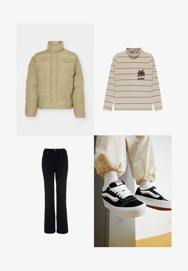Khaki pufferjack met hoge kraag, elastische manchetten en een horizontaal gestikt patroon. Heeft het "Dickies" logo op de voorkant.; Crème lange mouwen coltrui met oranje horizontale strepen en een palmbomenprint in donkerbruin op de linkerkant van de borst. Zachte stof.; Zwarte, hooggetailleerde rechte broek met knoop- en ritssluiting, riemlussen en voorzakken.; Persoon die zwart-witte Vans sneakers draagt met witte veters, witte sokken en beige broek met elastische manchetten.