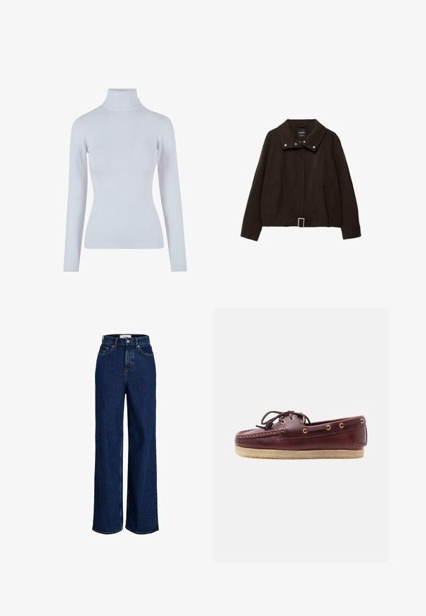Veste courte marron en mélange de laine. Caractérisée par un col montant, des boutons-pression, deux poches latérales et un détail boucle à la taille.; Pull à col roulé gris clair en tissu doux et côtelé. Comprend des manches longues, une coupe ajustée et un col haut et près du cou.; Jean large taille haute bleu foncé avec poches avant, passants pour ceinture, fermeture par bouton et détails de coutures visibles.; Mocassin pour homme en cuir marron foncé avec semelle en crêpe beige et détails de lacets noués sur le dessus, vu de côté.