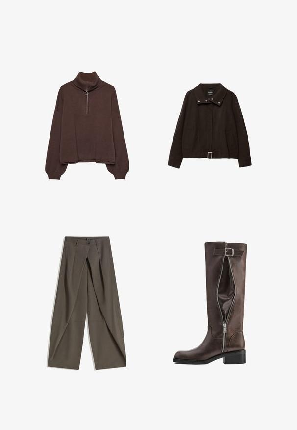 Brun kort jakke lavet af uldblanding. Har en høj krave, trykknapper, to sidelommer og en spændeaccent ved taljen.; Brun pullover sweater med høj ribstrik krave, lynlås lukning, løs pasform og sænkede skuldre. Fremstillet af blødt strikmateriale.; Vide bukser lavet af et struktureret, mørkegråt stof. Har en frontfald, knaplukning og sidelommer for praktisk anvendelse.; Høj mørkebrun læderstøvle med en sidelukning, der er delvist åben, og en dekorativ rem med spænde nær toppen.