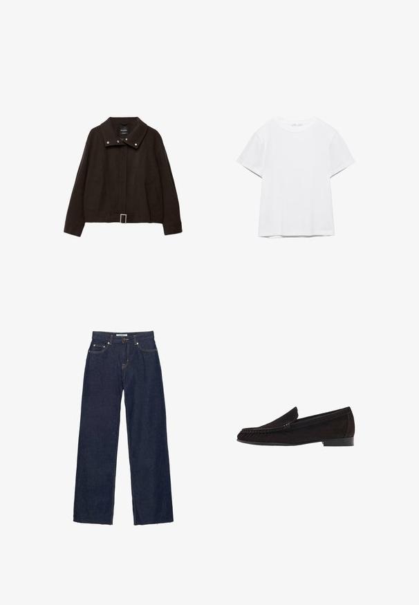 Veste courte marron en mélange de laine. Caractérisée par un col montant, des boutons-pression, deux poches latérales et un détail boucle à la taille.; T-shirt blanc uni à manches courtes et col rond, avec un ourlet droit, présenté sur un fond blanc.; Jean droit en denim bleu foncé avec fermeture par bouton et fermeture éclair, cinq poches et surpiqûres contrastantes visibles.; Mocassins en daim marron à texture lisse, dotés d'un talon bas et d'une forme arrondie à l'avant. Le dessus présente des accents de couture subtils.