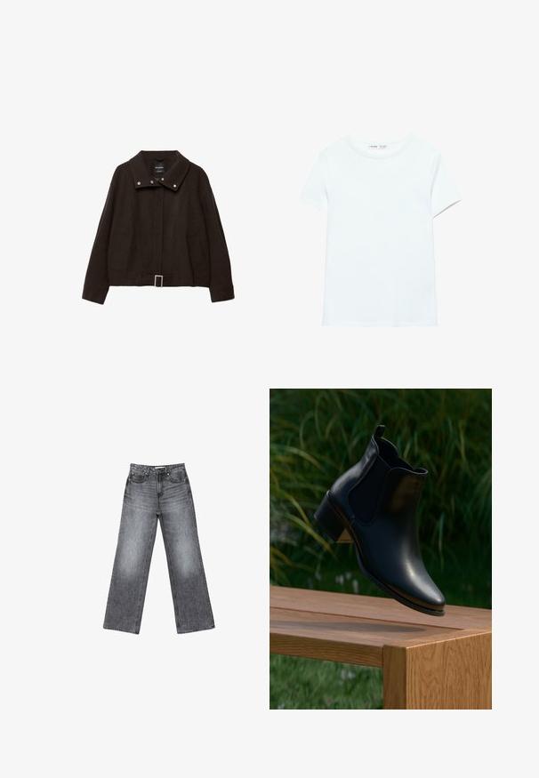 Veste courte marron en mélange de laine. Caractérisée par un col montant, des boutons-pression, deux poches latérales et un détail boucle à la taille.; T-shirt blanc uni en coton à manches courtes, col rond, présenté à plat sur un fond blanc, sans motifs ni logos visibles.; Jean en denim gris foncé à jambes larges avec une finition délavée, cinq poches, une fermeture à bouton et de subtils détails de couture le long des coutures.; Bottine en cuir noir avec un embout pointu, des panneaux latéraux élastiques et un talon empilé, suspendue au-dessus d'une surface en bois avec de la verdure en arrière-plan.