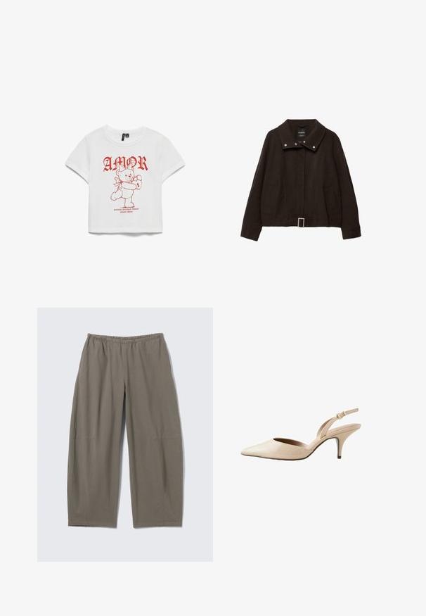 Brun kort jakke lavet af uldblanding. Har en høj krave, trykknapper, to sidelommer og en spændeaccent ved taljen.; Hvid kortærmet t-shirt med rød grafisk tekst "AMOR" og en bamse, der holder et lås. Fremstillet i bomuldsstof, afslappet pasform, cropped design.; Løse bukser med lige ben i dæmpet olivengrønt stof med elastik i taljen, vist på en ensfarvet lys grå baggrund.; Beige laklæder slingback-pumpe med spids tå, lav hæl og justerbar ankelsnor med guldbeklædning.