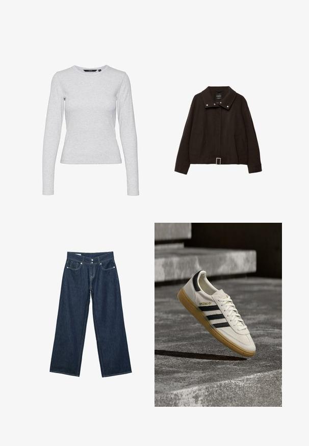 Brun kort jakke lavet af uldblanding. Har en høj krave, trykknapper, to sidelommer og en spændeaccent ved taljen.; Lys grå langærmet t-shirt lavet af blødt bomuldsblandingsstof. Den har en rund halsudskæring og en tætsiddende silhouette uden mønstre eller accenter.; Mørkeblå vidde jeans i denim med dobbelt knaplukning, forlommer og kontrastsyning på hvid baggrund.; Hvid Adidas Spezial sneaker med sorte striber og gummisål, svævende over grå stentrin udendørs.