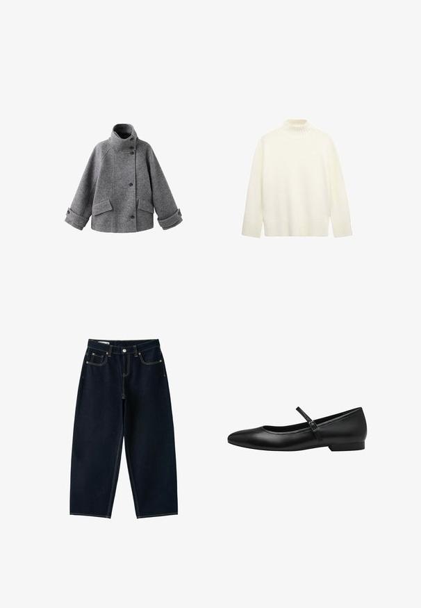 Manteau en laine gris avec col montant, devant boutonné, manches longues avec poignets boutonnés et deux poches à rabat.; Pull blanc en maille avec manches longues et col haut côtelé, poignets et ourlet, présenté à plat sur fond blanc.; Jean bleu foncé à jambes larges, taille haute, bouton sur le devant, fermeture éclair et cinq poches avec coutures apparentes.; Ballerines en cuir noir avec un bout rond, une sangle unique sur le coup de pied et un petit talon rectangulaire. Texture lisse.