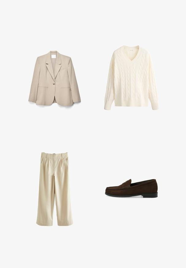 Beige singe-knopsblazer met notch-revers, lange mouwen en steekzakken, plat liggend op een witte achtergrond.; Crèmewitte kabelgebreide trui met lange mouwen en een geribde V-hals, zoom en manchetten op een witte achtergrond.; Next SMART WIDE LEG - Broek - stone; Bruine suède instapschoenen met een gestikt moccasin-neus, platte zwarte rubberen zool en een decoratieve bovenband en detail.