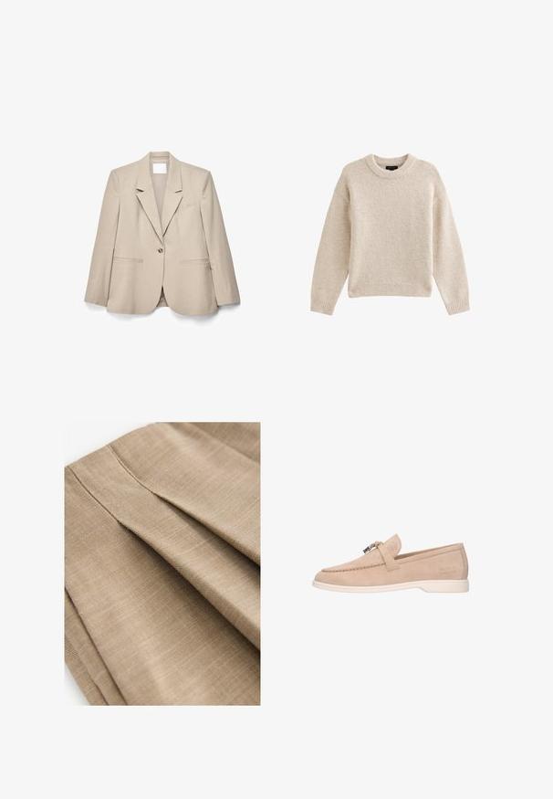 Blazer beige de un solo botón con solapas de muesca, mangas largas y bolsillos delanteros, extendido sobre un fondo blanco.; Jersey de punto beige con cuello redondo, mangas largas y dobladillo acanalado. Tela texturizada con una apariencia suave. Diseño simple y versátil.; Tela plisada color beige que muestra una textura suave con un sutil patrón de tejido, destacando los detalles de la costura y un diseño ligero.; Mocasín beige de ante sin cordones con suela blanca, detalle de hebilla metálica en la parte superior y "Melvin & Hamilton" grabado en el lateral.