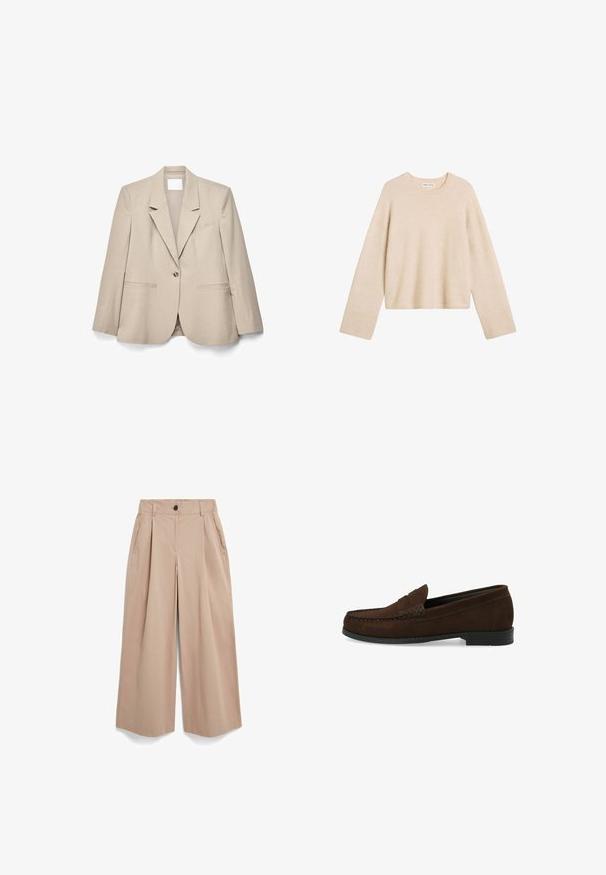 Beige singe-knopsblazer met notch-revers, lange mouwen en steekzakken, plat liggend op een witte achtergrond.; Beige gebreide trui met een ronde hals, lange mouwen en een cropped fit. Zachte textuur met geribde manchetten en zoom.; Beige wijde broek met plooien, zijzakken, lussen voor een riem en een knoopsluiting bij de tailleband, afgebeeld op een witte achtergrond.; Bruine suède instapschoenen met een gestikt moccasin-neus, platte zwarte rubberen zool en een decoratieve bovenband en detail.