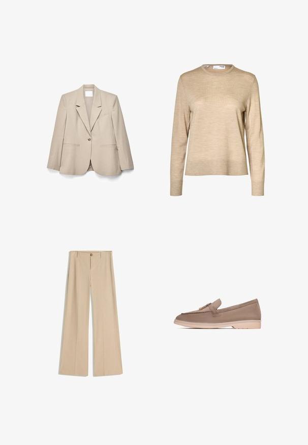 Beige blazer med enkelt knap, hakkraver, lange ærmer og forlommer lagt fladt på en hvid baggrund.; Beige langærmet uldsweater med rund hals og ribstrikkede manchetter og kant, vist mod en hvid baggrund.; Beige bukser med brede ben og et fintstripet mønster, forrest med knapper og bæltestropper. Glat tekstur med skræddersyet finish.; Brune læder loafer med en glat tekstur, der har et dekorativt bånd og guldfarvet hardware, hviler på en lys beige gummisål.