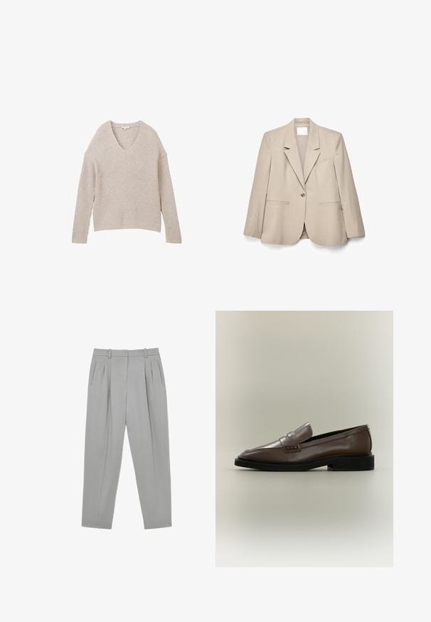 Beige blazer med enkelt knap, hakkraver, lange ærmer og forlommer lagt fladt på en hvid baggrund.; Beige strikket sweater med V-hals, med et struktureret ribmønster og et diagonalt designelement på forsiden. Lange ærmer og cropped pasform.; Lysegrå skræddersyede bukser med forlommer, sidelommer med slidser, bæltestropper og straight-fit ben.; Brun læderslip-on loafer med sort sål og lav hæl, med en remdetalje over vristen.