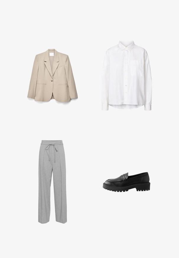 Beige singe-knopsblazer met notch-revers, lange mouwen en steekzakken, plat liggend op een witte achtergrond.; Witte langemouwen knoopshirt in lichte stof, met een klassieke kraag, een enkele borstzak en een afgeronde Zoom.; Grijze linnen broek met wijde pijpen en een hoge taille, voorzien van een trekkoord, plooien aan de voorkant en een zachte, textuurachtige afwerking.; Zwarte leren instapper met een ronde neus, verhoogde stiknaaddetails en een stevige rubberen zool met diepe profielen voor grip.