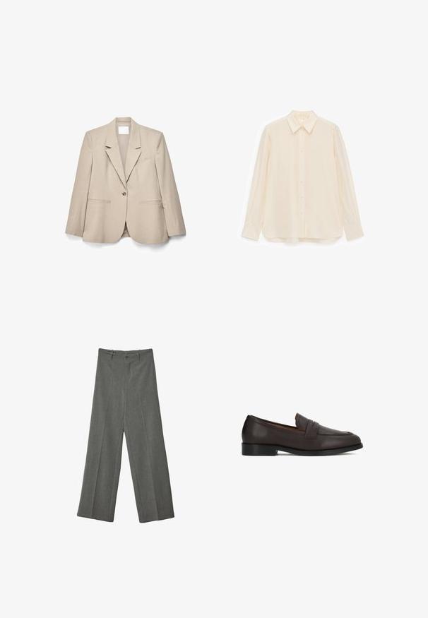 Beige blazer med enkelt knap, hakkraver, lange ærmer og forlommer lagt fladt på en hvid baggrund.; Kremfarvet skjorte med knapper lavet af glat stof, med krave, lange ærmer og en let buet kant.; Grå bredbenede bukser lavet af tekstureret stof, med en frontfolder og to lommer, samt en enkelt frontknaplukning.; Brune læderloafers med en glat finish, rundet snude og dekorativ detalje foran. Robust sål og diskret hælhøjde.