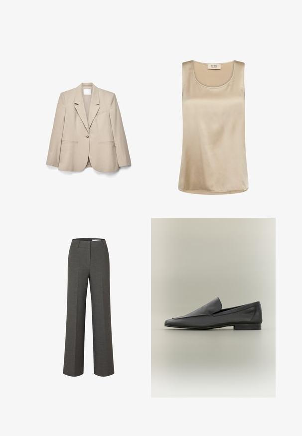 Beige blazer med enkelt knap, hakkraver, lange ærmer og forlommer lagt fladt på en hvid baggrund.; Ærmeløs beige satin top med rund halsudskæring og Mos Mosh mærkat inde i kraven.; Mørkegrå skræddersyede bukser med vide ben, frontbirl og taljebånd med bæltestropper på hvid baggrund.; Sorte læder loafers med en glat overflade, spids tå og minimalistisk design. Lav stablet hæl og subtile syninger.