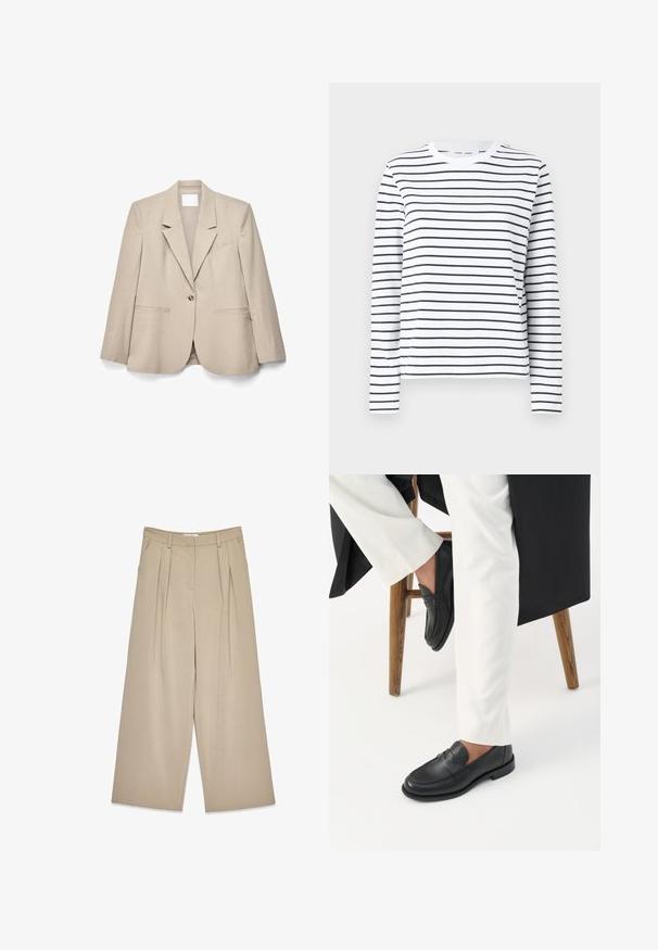 Blazer beige de un solo botón con solapas de muesca, mangas largas y bolsillos delanteros, extendido sobre un fondo blanco.; Camisa de manga larga en algodón blanco con rayas horizontales negras. Presenta un cuello redondo y un corte relajado. Sin acentos o patrones notables.; Pantalones de pierna ancha color beige con pliegues frontales, bolsillos laterales, pasadores para cinturón y un cierre frontal oculto.; Persona con mocasines de cuero negro y pantalones blancos sentada en un taburete de madera contra un fondo blanco.
