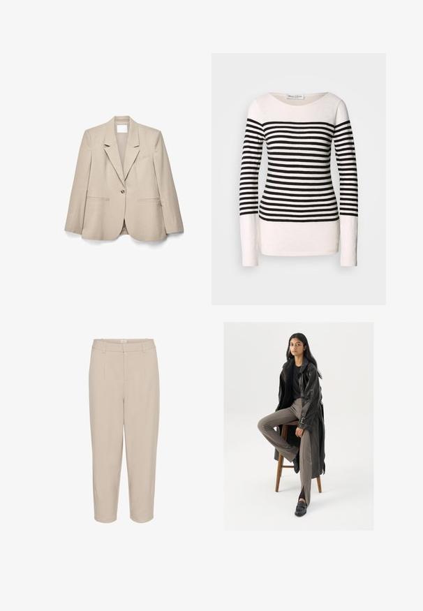 Beige singe-knopsblazer met notch-revers, lange mouwen en steekzakken, plat liggend op een witte achtergrond.; Langmouw gestreepte top met zwart-witte horizontale strepen, een bootneck ontwerp en een aansluitende pasvorm. Gemengde katoen stof.; Beige cropped broeken met een gladde textuur, voorplooien, twee zijzakken en een tailleband. Ontwerp met rechte pijpen en een op maat gemaakte afwerking.; Zwarte leren trenchcoat met knopen en riemdetails, gecombineerd met lichtbruine getailleerde broek en zwarte loafers, zittend op een houten kruk.