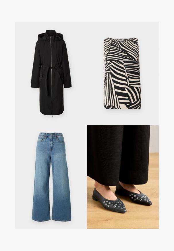 Sort lang regnfrakke med hætte, lynlås foran, justerbart bælte i taljen, klaplommer med trykknapper og manchetstropper.; Ærmeløs tætsiddende top med sort-hvidt abstrakt zebrastribe-mønster og rund halsudskæring, mærket JDY størrelse small.; Blå højtaljede denimjeans med vide ben, knaplukning foran, lynlås og fem-lomme-stil på ensfarvet baggrund.; Sorte læderflade sko med spidse tæer, dekoreret med metaløje accenter i forskellige størrelser og en lav firkantet hæl. Glat struktur på trægulv.
