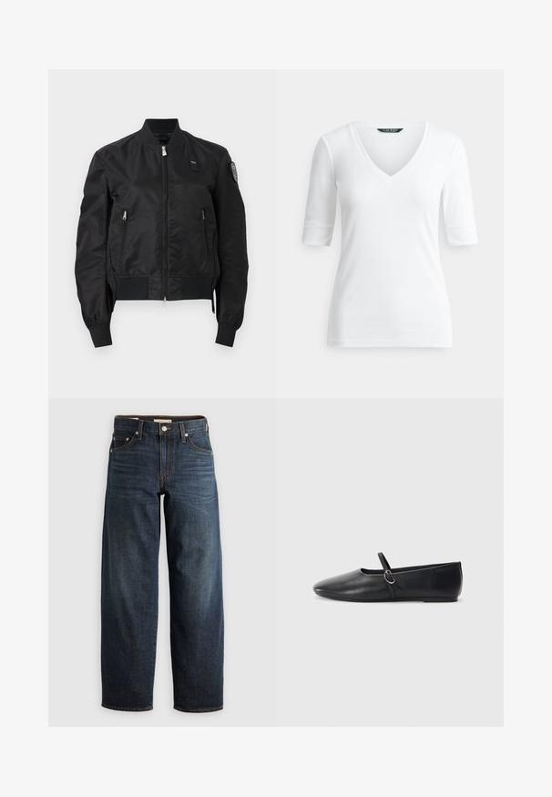 Zwarte bomberjack met voorrits, ritssluitingen op de zijzakken, geribbelde manchetten en zoom, en een logopatch op de bovenkant van de linkermouw.; Wit V-hals T-shirt gemaakt van zacht katoen, met korte mouwen, een aangesloten pasvorm en subtiele stiksel details bij de manchetten en zoom.; Donkerblauwe jeans van denim, met een recht model, vijf-pocketstijl en stiksels met een knoopsluiting.; Zwarte leren balletschoenen met een spitse neus, platte zool en een kleine strap met een zilveren gespsluiting.