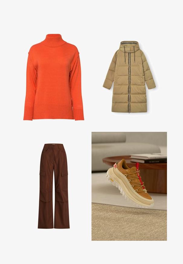 Manteau long en version matelassée de couleur beige, avec un col haut, une fermeture éclair à l'avant, de grandes poches et une capuche réglable. Texture lisse et matelassée.; Pull col roulé en orange vif, avec une texture côtelée, des épaules tombantes et une coupe ample avec des poignets larges.; Pantalons cargo bruns avec jambes larges, plusieurs poches latérales, taille haute et en coton robuste avec une texture lisse.; Chaussure de randonnée marron et beige avec languette rouge, semelle blanche épaisse et lacets style corde, flottant au-dessus d'un tapis beige tissé à l’intérieur.