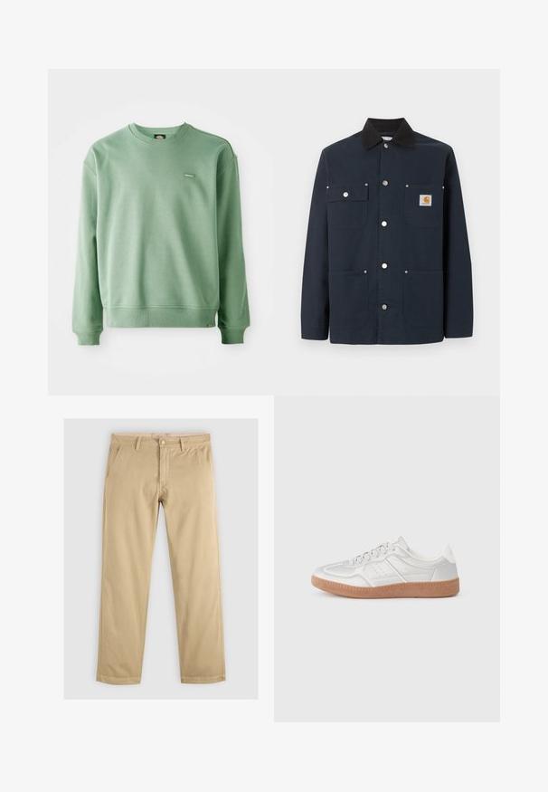 Tmavomodrá pracovná bunda s čiernym golierom, štyrmi prednými vreckami, kovovými patentkami a malou nášivkou s logom Carhartt na pravom hornom vrecku.; Zelený crewneck sveter vyrobený z mäkkej tkaniny, s rebrovanými manžetami a spodným lemom a malou logom značky na prednej strane. Hladká textura.; Khaki chinos so širokými nohavicami, s dvomi prednými vreckami a pásom s pútkami na opasok. Vyrobené z mäkkej a odolnej bavlnenej tkaniny.; Strieborné tenisky s hladkou textúrou, viazaním, perforovanými akcentmi a štruktúrovanou hnedou gumovou podrážkou.