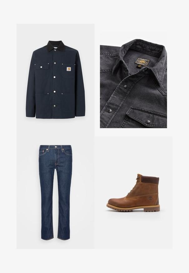 Mørkeblå arbejdstrøje med sort krave, fire forlommer, metaltrykknapper og lille Carhartt-logo på den øverste højre lomme.; Sorte denimskjorte med spids krave, der har to brystlommer og sorte trykknapper. Teksturen virker robust med en glat overflade.; Mørkeblå lige ben denim jeans med orange søm, fem lommer og en frontknap samt lynlås.; Brun læder vandrestøvle med en glat finish, polstret ankel, metalliske snørehuller og en gummisål med et robust dækmønster.