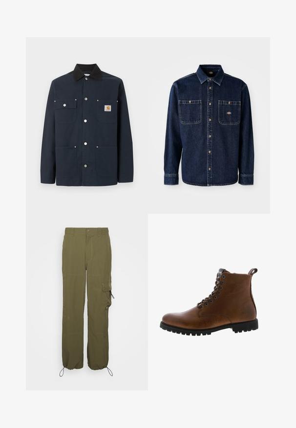 Dunkelblauer Arbeitsjacke mit schwarzem Kragen, vier vorderen Taschen, Metall-Druckknöpfen und kleinem Carhartt-Logo-Patch auf der oberen rechten Tasche.; Dunkelblaue Jeanshemd mit Kragen, Vorderknopfverschluss, zwei Brusttaschen, goldenen Knöpfen und sichtbaren Nähten. Verfügt über ein Markenlogo.; Olivgrüne Cargo-Hosen aus leichtem Material. Zu den Merkmalen gehören ein Knopfverschluss, Seitentaschen und verstellbare Bündchen mit Kordelzügen.; Braune Lederstiefeletten mit strukturiertem Finish, metallischen Ösen und schwarzer Gummisohle. Mit Zuglasche hinten für einfaches An- und Ausziehen.