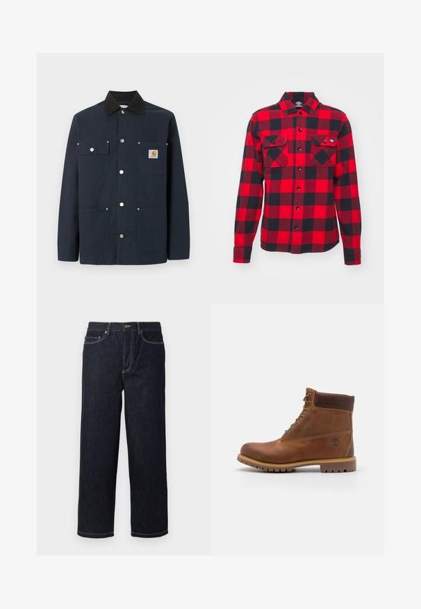 Mørkeblå arbejdstrøje med sort krave, fire forlommer, metaltrykknapper og lille Carhartt-logo på den øverste højre lomme.; Rød og sort ternet flanelskjorte med lange ærmer, to brystlommer og knaplukning, med en klassisk krave og tekstureret stof.; Mørkeblå lige ben denim jeans med fem lommer og hvide kontrastsyninger, knaplukning og bæltestropper.; Brun læder vandrestøvle med en glat finish, polstret ankel, metalliske snørehuller og en gummisål med et robust dækmønster.