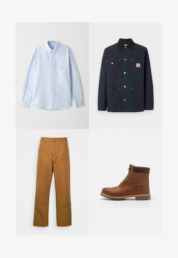 Veste de travail bleu marine foncé avec col noir, quatre poches avant, boutons-pression métalliques et une petite étiquette logo Carhartt sur la poche supérieure droite.; Chemise boutonnée bleu clair en tissu doux, avec un col classique, des manches longues et une poche sur la poitrine avec rabat.; Pantalons utilitaires en coton marron avec une coupe droite, dotés de poches avant et d'accents en métal pour une durabilité accrue.; Botte de randonnée en cuir marron avec une finition lisse, cheville rembourrée, œillets en métal et semelle en caoutchouc dotée d'un motif de crampons robuste.