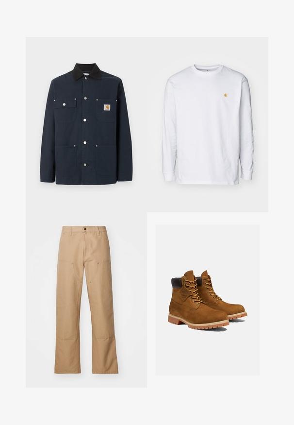 Mørkeblå arbejdstrøje med sort krave, fire forlommer, metaltrykknapper og lille Carhartt-logo på den øverste højre lomme.; Hvid langærmet t-shirt lavet af bomuld. Har et lille gyldent logo på brystet og en rund halsudskæring. Enkel design og standard pasform.; Beige vide bukser lavet af lærred, med forlommer, gyldne hardware-detaljer og et fladt frontdesign.; Brune ruskinds ankelstøvler med en polstret sort krave, gyldne snørehuller og en tyk gummisål med en mønster, der giver godt greb.