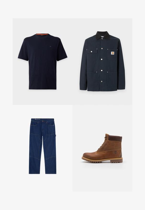 Chaqueta de trabajo azul marino oscuro con cuello negro, cuatro bolsillos delanteros, botones de presión metálicos y pequeño parche con el logo de Carhartt en el bolsillo superior derecho.; Camiseta lisa azul marino oscuro de manga corta con cuello redondo, con un pequeño logo bordado en el pecho izquierdo y detalle naranja en el interior del cuello.; Pantalones vaqueros de trabajo azul oscuro de pierna recta con paneles reforzados en las rodillas, bolsillos delanteros, presilla para martillo y detalles de remaches de cobre.; Botas de senderismo de cuero marrón con un acabado suave, tobillo acolchado, ojales de metal y suela de goma con un patrón de tracción robusto.