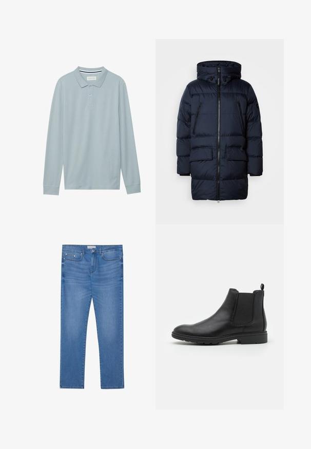 Marineblauwe pufferjack met ritssluiting, verstelbare capuchon, twee ritszakken op de borst en twee voorzakken met klep. Gladde textuur en doorstikte ontwerp.; Lange mouw polo shirt in lichtblauw met een vlakke kraag, een drieknoopssluiting en een subtiele textuur. Beschikt over een gestreepte binnenkraag.; Lichtblauwe spijkerbroek met een rechte pijp, vijf zakken, subtiele vervaging en metalen accenten op de taille en zakken.; Zwarte leren Chelsea-boot met elastische zijpanelen en een trekhaak, met een ronde neus en een gestructureerde rubberen zool.